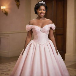 A medium-sized woman draped in an elegant off-shoulder light pink gown, blending elements from Charlotte's dress in Princess and the Frog and Bridgerton's style. Modernized with a corset-like top, the design ensures no cleavage is revealed.