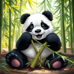 A cute panda sitting comfortably while munching on bamboo