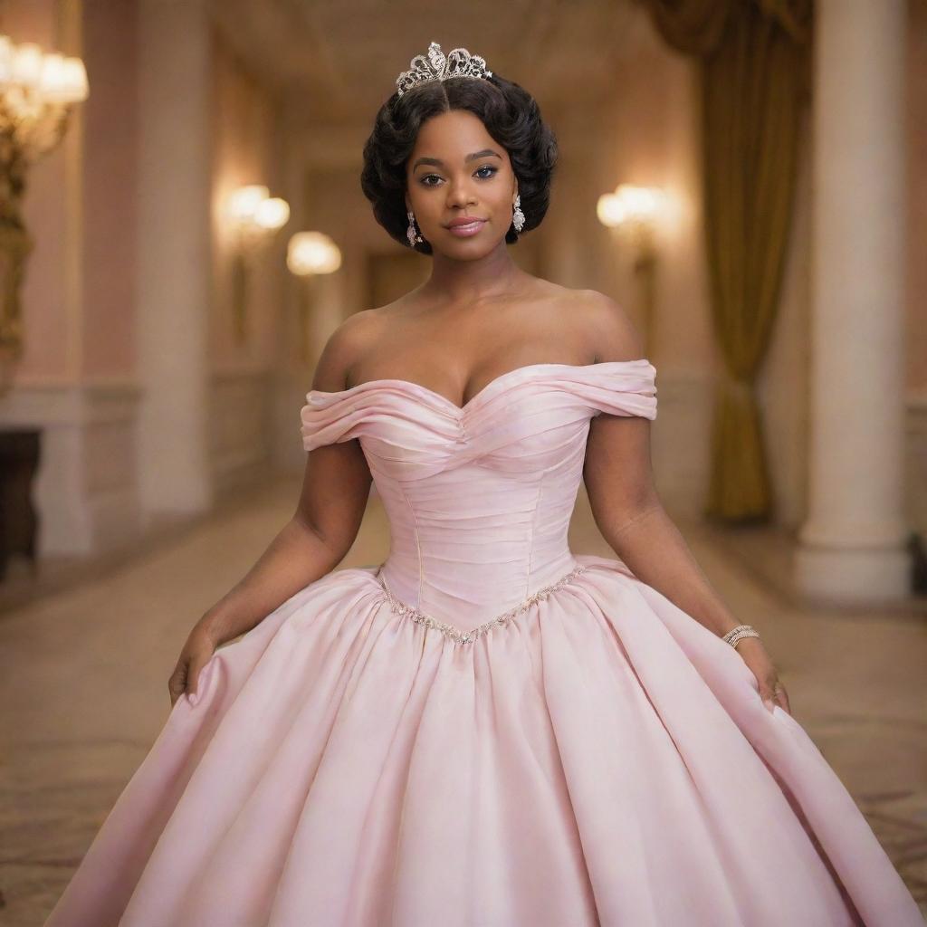 A medium-sized woman draped in an elegant off-shoulder light pink gown, blending elements from Charlotte's dress in Princess and the Frog and Bridgerton's style. Modernized with a corset-like top, the design ensures no cleavage is revealed.