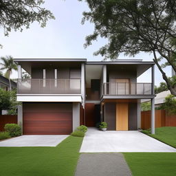 A contemporary two-story house. First floor features a car garage, small garden, waiting room, living room, combined kitchen and dining room, and a laundry room. The second floor includes three bedrooms and a family room.