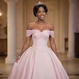 A medium-sized woman draped in an elegant off-shoulder light pink gown, blending elements from Charlotte's dress in Princess and the Frog and Bridgerton's style. Modernized with a corset-like top, the design ensures no cleavage is revealed.