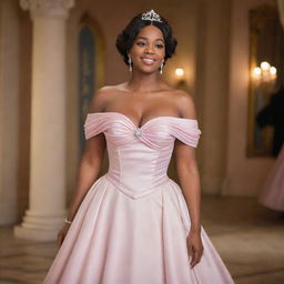 A medium-sized woman draped in an elegant off-shoulder light pink gown, blending elements from Charlotte's dress in Princess and the Frog and Bridgerton's style. Modernized with a corset-like top, the design ensures no cleavage is revealed.