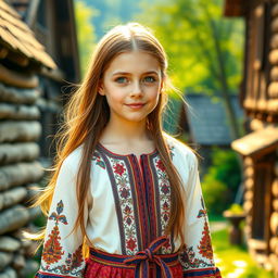 A beautiful girl from Vologda, Russia, with long flowing chestnut hair and bright green eyes, wearing an elegant traditional dress adorned with intricate patterns