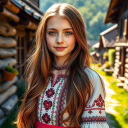 A beautiful girl from Vologda, Russia, with long flowing chestnut hair and bright green eyes, wearing an elegant traditional dress adorned with intricate patterns