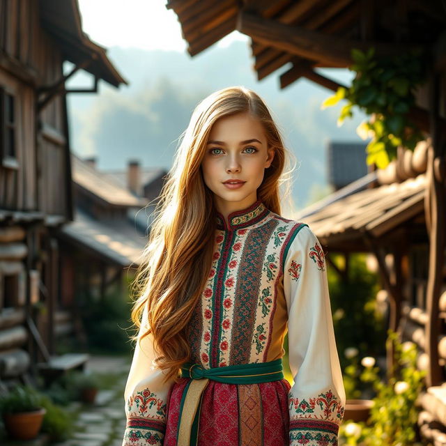 A beautiful girl from Vologda, Russia, with long flowing chestnut hair and bright green eyes, wearing an elegant traditional dress adorned with intricate patterns