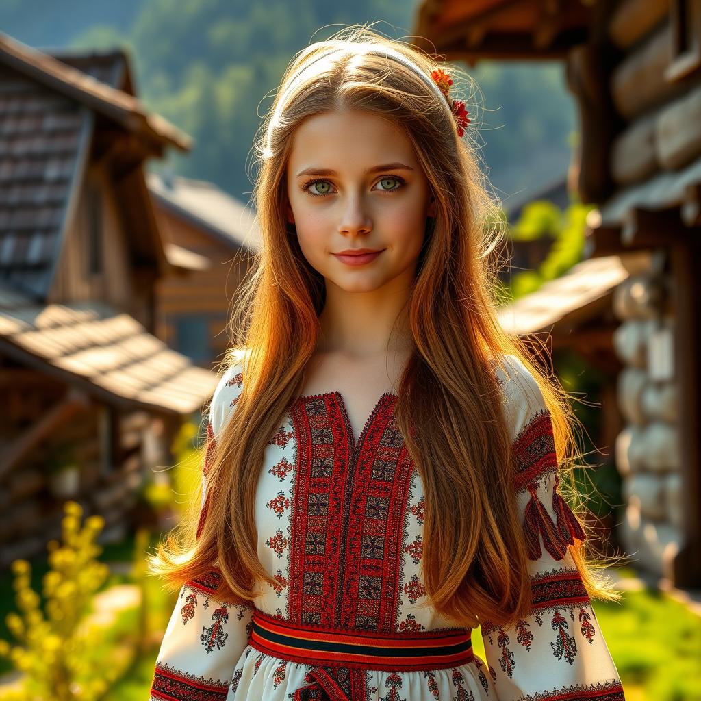 A beautiful girl from Vologda, Russia, with long flowing chestnut hair and bright green eyes, wearing an elegant traditional dress adorned with intricate patterns