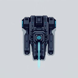 A top-down view of a laser turret, depicted in pixel art style with dark gray and blue colors, exhibiting an intricate design showcasing its mechanisms and laser firing capabilities