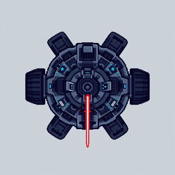 A top-down view of a laser turret, depicted in pixel art style with dark gray and blue colors, exhibiting an intricate design showcasing its mechanisms and laser firing capabilities