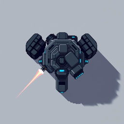 A top-down view of a laser turret, depicted in pixel art style with dark gray and blue colors, exhibiting an intricate design showcasing its mechanisms and laser firing capabilities
