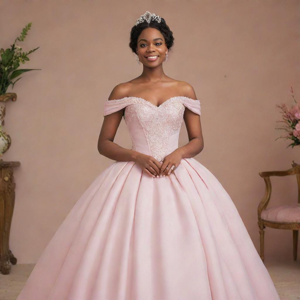 A medium-sized woman ready for prom in a modernized off-shoulder light pink gown, amalgamating styles from Charlotte's dress in Princess and the Frog and Bridgerton, featuring a corset-like top that ensures no cleavage is visible.