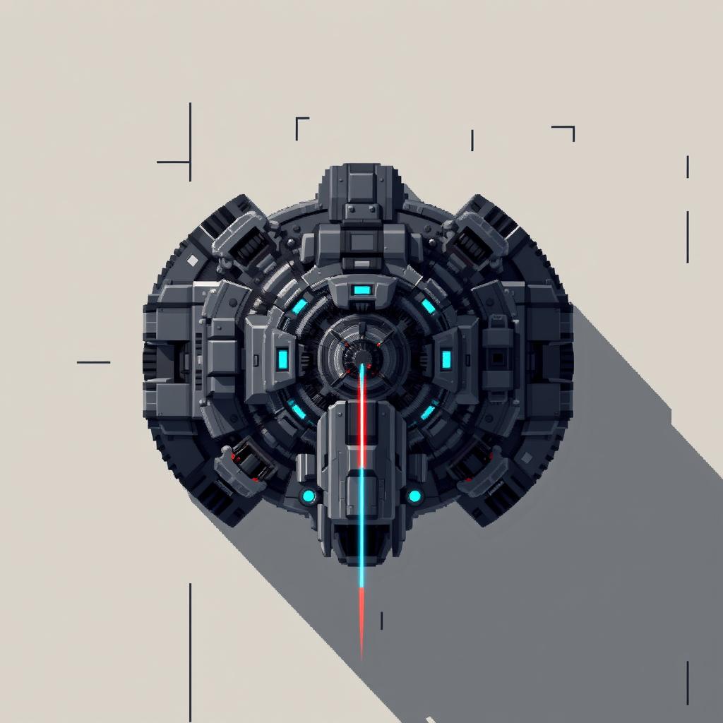 A top-down view of a laser turret, depicted in pixel art style with dark gray and blue colors, exhibiting an intricate design showcasing its mechanisms and laser firing capabilities