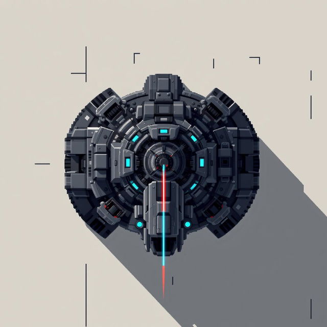 A top-down view of a laser turret, depicted in pixel art style with dark gray and blue colors, exhibiting an intricate design showcasing its mechanisms and laser firing capabilities