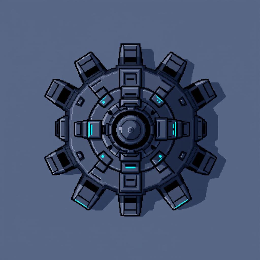 A top-down view of a laser turret, illustrated in pixel art style using dark gray and blue hues