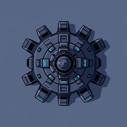 A top-down view of a laser turret, illustrated in pixel art style using dark gray and blue hues