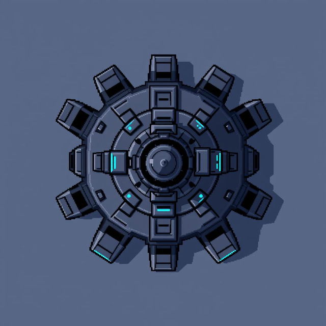 A top-down view of a laser turret, illustrated in pixel art style using dark gray and blue hues