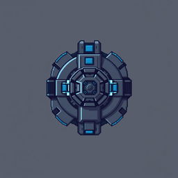 A top-down view of a laser turret, illustrated in pixel art style using dark gray and blue hues