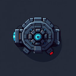 A top-down view of a laser turret, illustrated in pixel art style using dark gray and blue hues