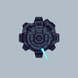 A top-down view of a laser turret, illustrated in pixel art style using dark gray and blue hues