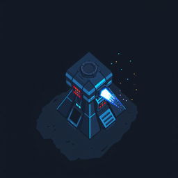 An aerial view of a laser turret in dark gray and blue pixel art style