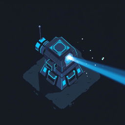 An aerial view of a laser turret in dark gray and blue pixel art style