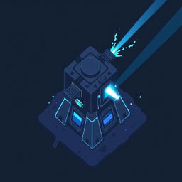 An aerial view of a laser turret in dark gray and blue pixel art style