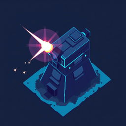 An aerial view of a laser turret in dark gray and blue pixel art style