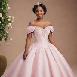 A medium-sized woman ready for prom in a modernized off-shoulder light pink gown, amalgamating styles from Charlotte's dress in Princess and the Frog and Bridgerton, featuring a corset-like top that ensures no cleavage is visible.