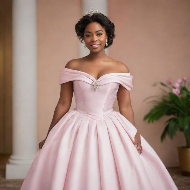 A medium-sized woman ready for prom in a modernized off-shoulder light pink gown, amalgamating styles from Charlotte's dress in Princess and the Frog and Bridgerton, featuring a corset-like top that ensures no cleavage is visible.