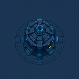 An aerial view of a turret in dark gray and blue pixel art style