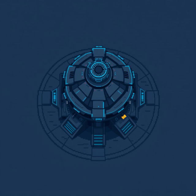 An aerial view of a turret in dark gray and blue pixel art style