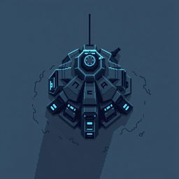An aerial view of a turret in dark gray and blue pixel art style