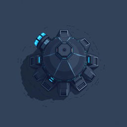 An aerial view of a turret in dark gray and blue pixel art style