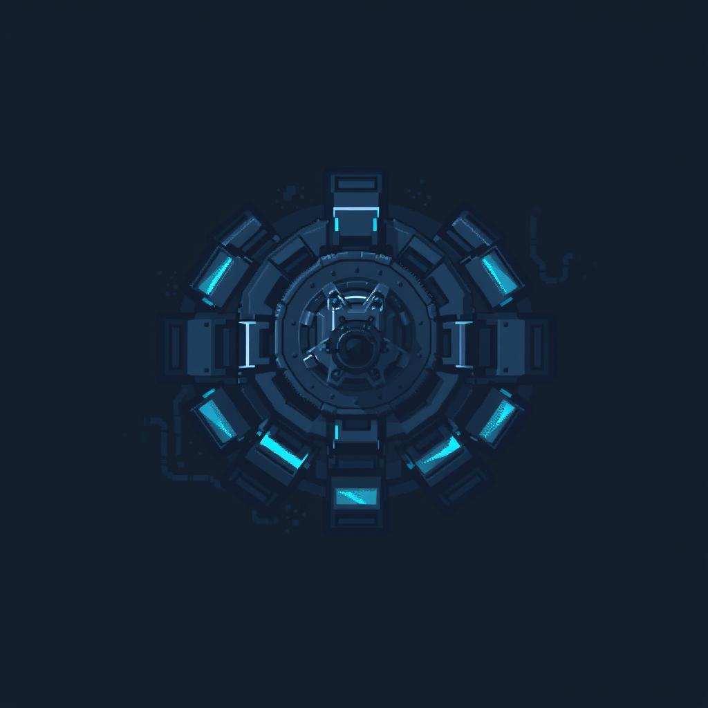 An aerial view of a turret in dark gray and blue pixel art style
