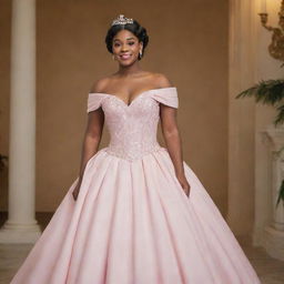 A medium-sized woman ready for prom in a modernized off-shoulder light pink gown, amalgamating styles from Charlotte's dress in Princess and the Frog and Bridgerton, featuring a corset-like top that ensures no cleavage is visible.