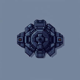 A top-down view of a turret designed in a pixel art style