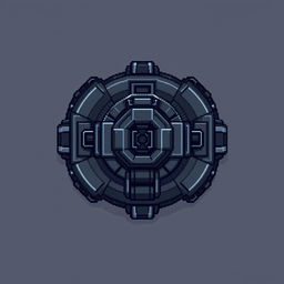 A top-down view of a turret designed in a pixel art style