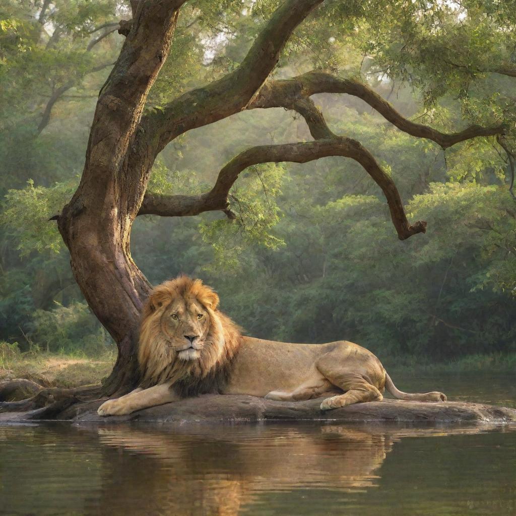 A majestic lion resting lazily on a tree branch and a nymph peacefully bathing in a river under the dappled sunlight filtering through the forest canopy