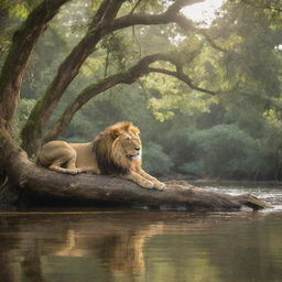 A majestic lion resting lazily on a tree branch and a nymph peacefully bathing in a river under the dappled sunlight filtering through the forest canopy