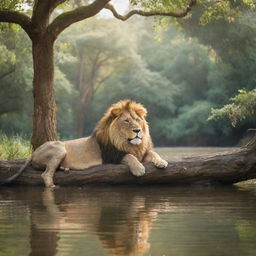 A majestic lion resting lazily on a tree branch and a nymph peacefully bathing in a river under the dappled sunlight filtering through the forest canopy