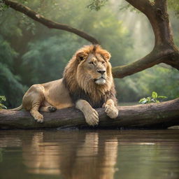 A majestic lion resting lazily on a tree branch and a nymph peacefully bathing in a river under the dappled sunlight filtering through the forest canopy