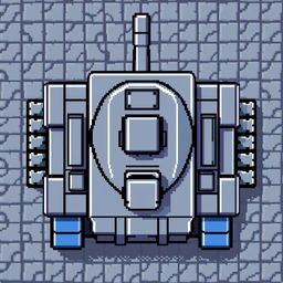 A pixel art representation of a tank viewed from above, featuring a blend of gray and blue colors
