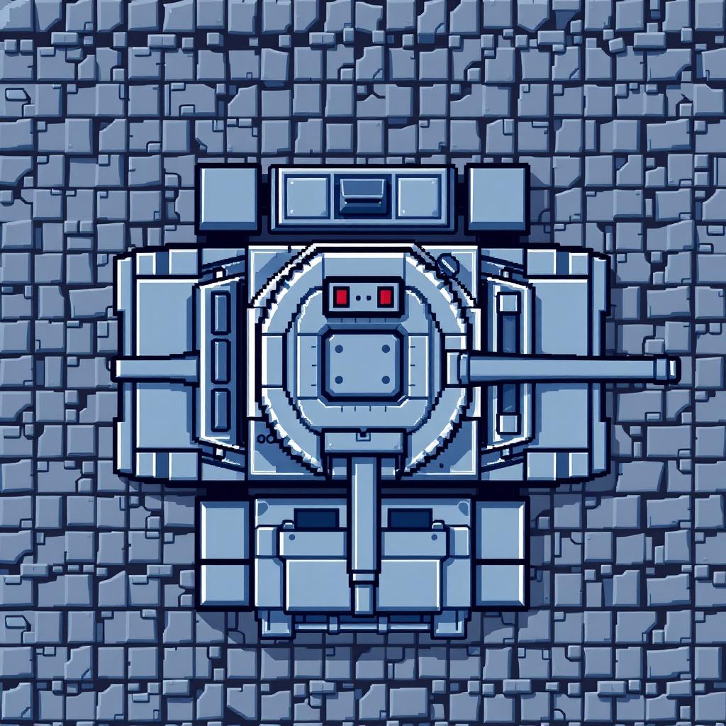 A pixel art representation of a tank viewed from above, featuring a blend of gray and blue colors