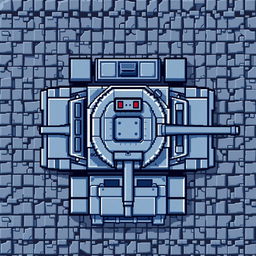 A pixel art representation of a tank viewed from above, featuring a blend of gray and blue colors