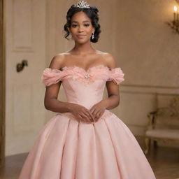 Design a prom-ready medium-sized woman in a modern off-shoulder salmon pink gown, that intertwines the frilly elegance of Charlotte's dress from Princess and the Frog and Bridgerton's sophisticated corset-like top.