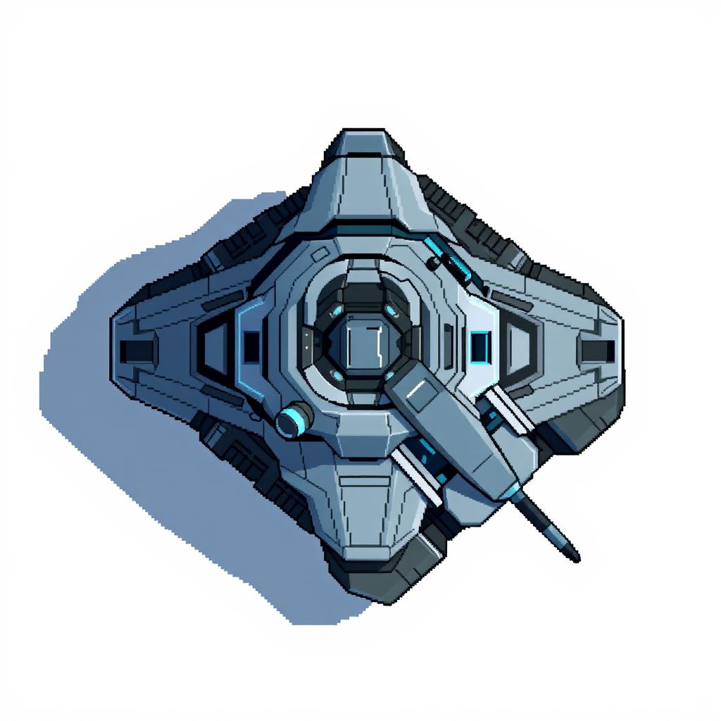 A pixel art representation of a futuristic tank viewed from above, designed in shades of gray and blue