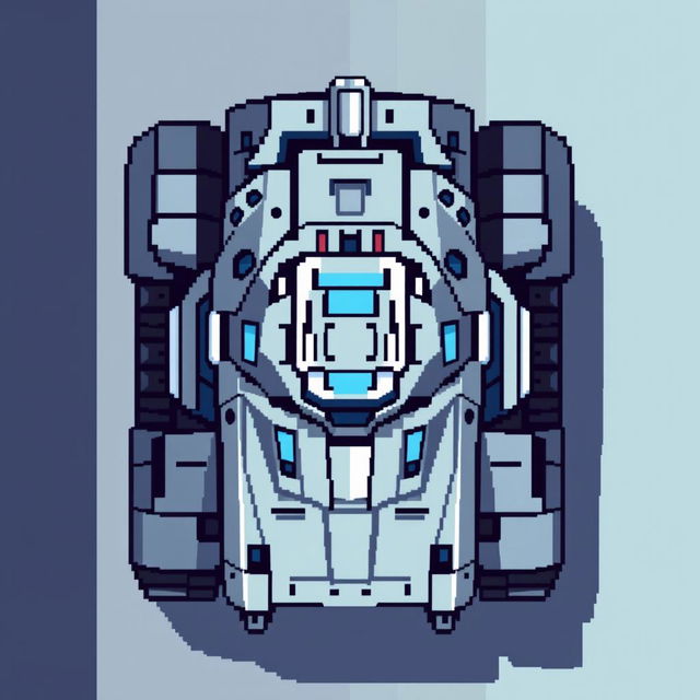 A pixel art representation of a futuristic tank viewed from above, designed in shades of gray and blue