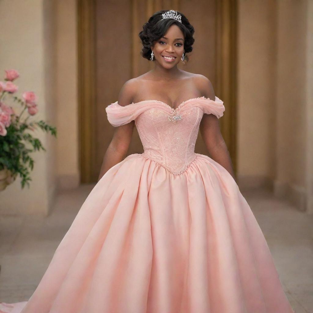 Design a prom-ready medium-sized woman in a modern off-shoulder salmon pink gown, that intertwines the frilly elegance of Charlotte's dress from Princess and the Frog and Bridgerton's sophisticated corset-like top.