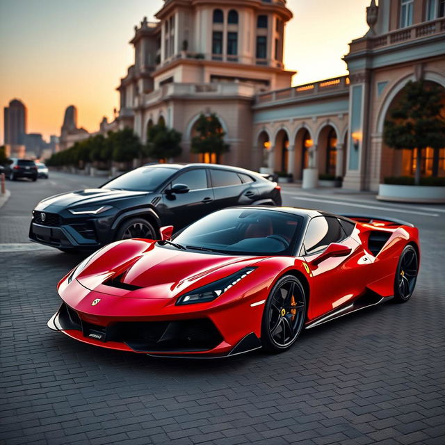 A stunning automotive scene featuring a Ferrari Puro Sangue parked side by side with a Lamborghini Urus