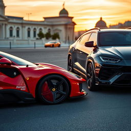 A stunning automotive scene featuring a Ferrari Puro Sangue parked side by side with a Lamborghini Urus