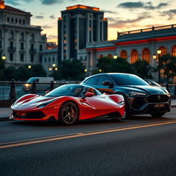 A stunning automotive scene featuring a Ferrari Puro Sangue parked side by side with a Lamborghini Urus